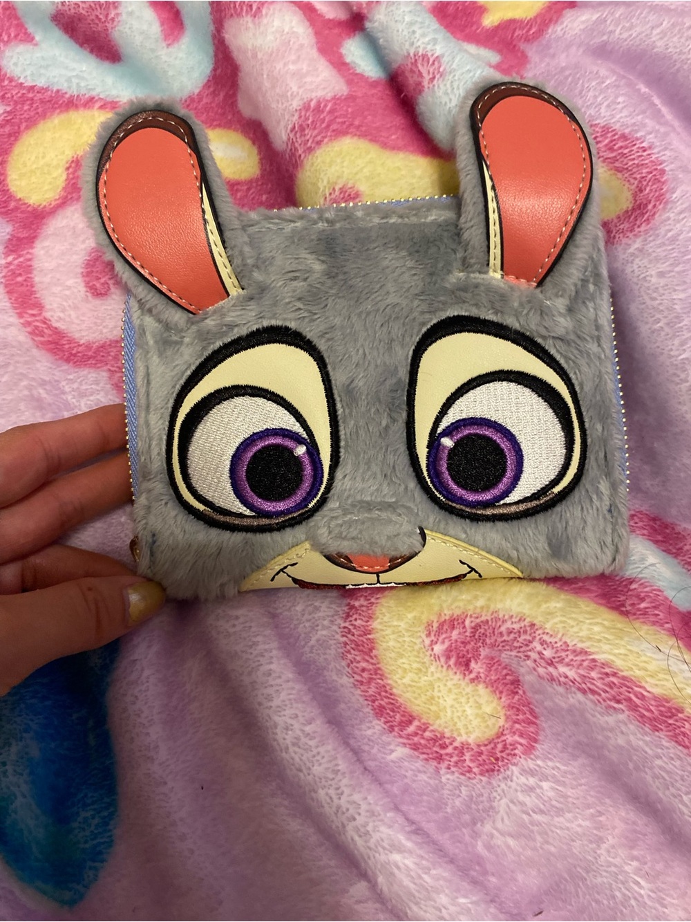 Loungefly Gray Plush Bunny Face Wallet with Purple Eyes and Coral Ears